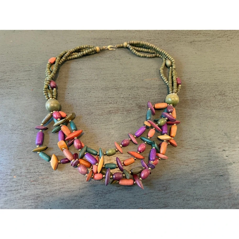 Vintage Colorful Wooden Bead Multi Strand Statement Necklace Boho Bib Earthy